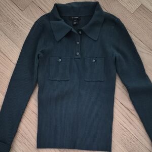 Talbots Teal Ribbed Polo Sweater with Pocket Details